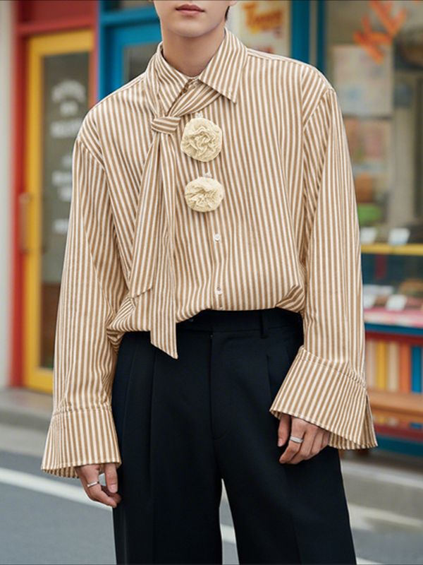 Men's 3D Floral Patchwork Striped Long Sleeve Shirt SKUL48616