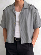 Men's Casual Holiday Striped Epaulet Crop Short Sleeve Shirt SKUL76409