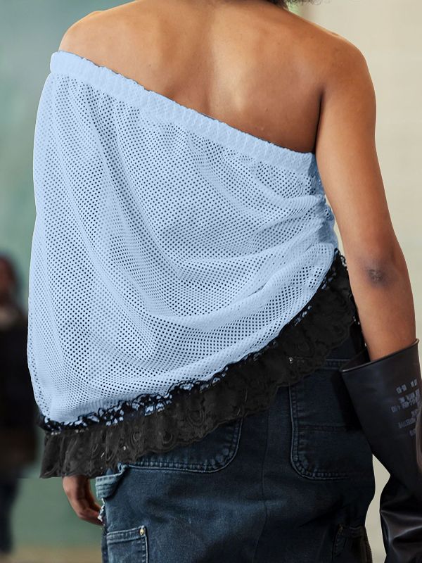 Men's Avant-Garde One-Shoulder Number Print Mesh Ruffle Lace Hem Tank SKUL54411