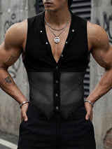 Men's Avant-Garde Mid-Section Mesh Deep V-Neck Pointed Hem Tank SKUL54093