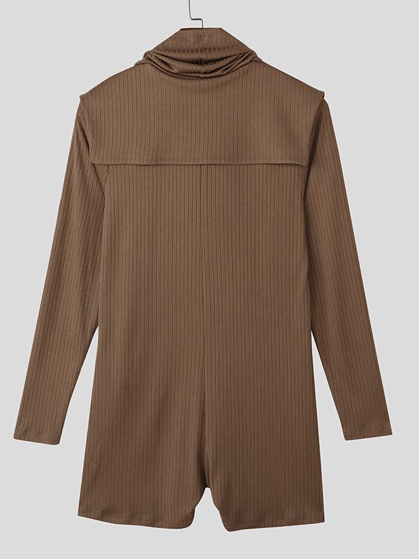 Men's Knitted Textured Lapel Zipper Long Sleeve Bodysuit SKUL45147