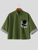 Men's Vintage Casual Rose Applique Stripe Patchwork Cropped Half Sleeve Shirt SKUL75685
