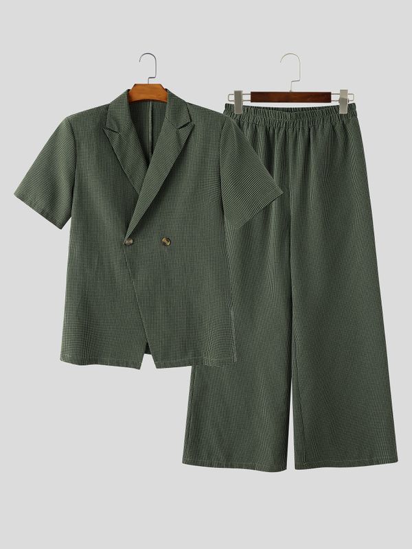 Men's American Vintage Houndstooth Double-Breasted Asymmetric Two Pieces Outfit SKUL74822