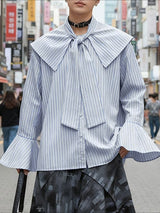 Men's Stripe Shawl Lace Up Flared Sleeve Shirt SKUL47925