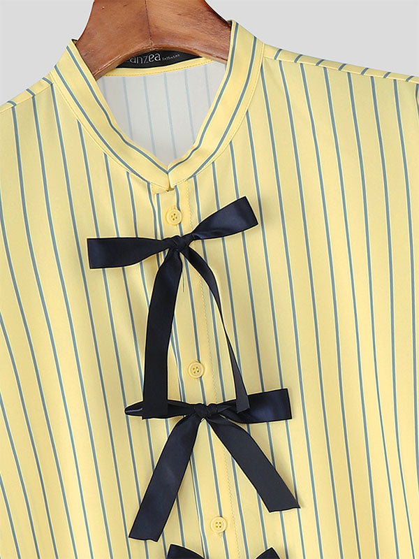 Mens Bow Ribbon Striped Short Sleeve Shirt SKUL19082