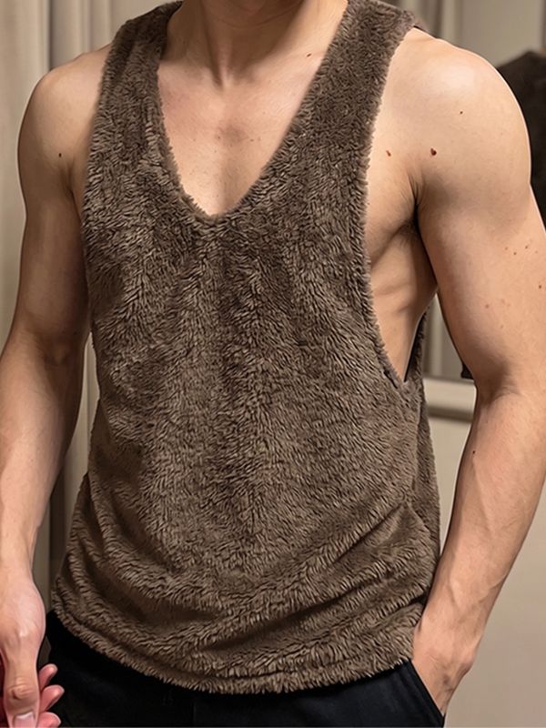 Men's Cozy Plush Fleece Deep V-Neck Dropped Armhole Tank SKUL77422
