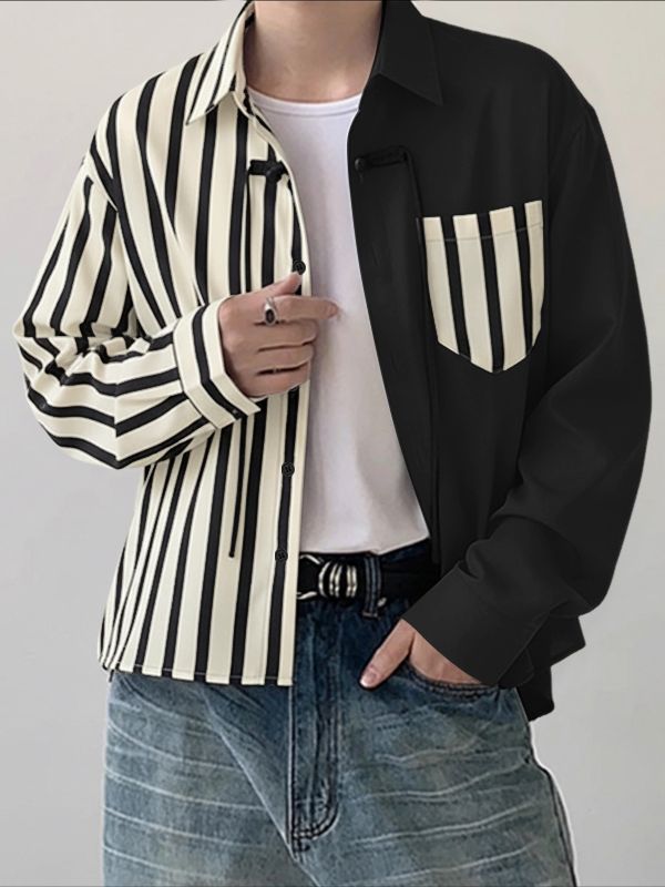 Men's Stripe Contrast Color Frog Button Long Sleeve Shirt SKUL41046