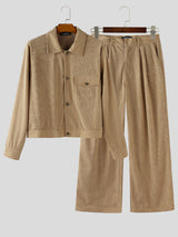 Men's Solid Color Corduroy Casual Two Pieces Outfit SKUL25720