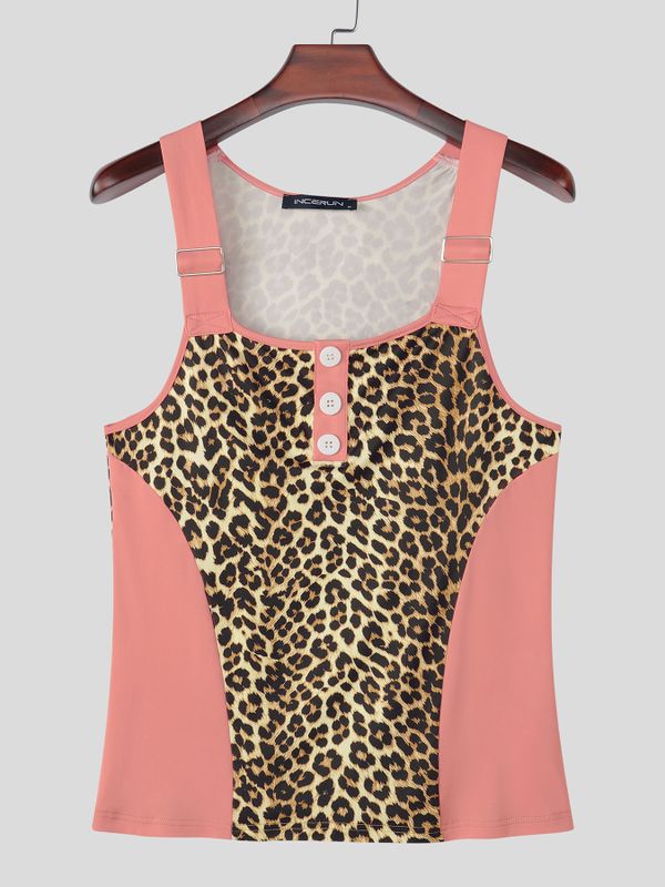 Men's Clubwear Leopard Print Color Block Strap Button Tank SKUL73608