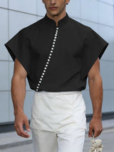 Men's Avant-Garde Asymmetrical Pearl Button Mandarin Collar Sculptural Shirt SKUL57186