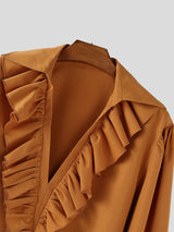 Men's Solid Ruffle Collar Patchwork Long Sleeve Shirt SKUL27259