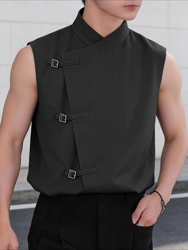 Men's Asymmetric Metal Buckle Strap Sleeveless Waistcoat SKUL61184