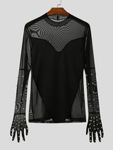 Mens Beaded Patchwork Mesh Sheer Long Sleeve T-Shirt SKUK91517