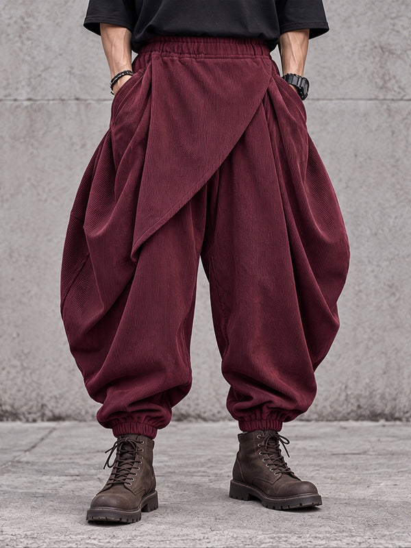 [Pre-order]Men's Avant-Garde Darkwear City Walk Asymmetric Wrap Apron Corduroy Harem Pant SKUL88492