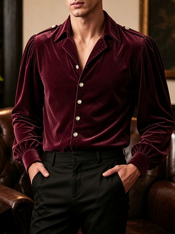 Men's Retro Cocktail Party Lustrous Velvet Puff Sleeve Shoulder Epaulet Long Sleeve Lapel Collar Shirt SKUL80562