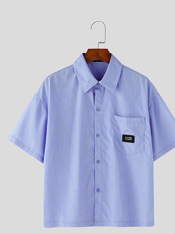 Mens Simple Striped Short Cropped Short Sleeve Shirt SKUL02352