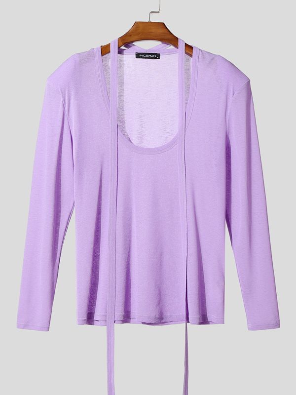 Men's Ribbon Patchwork Padded Shoulder Long Sleeve T-shirt SKUL42447