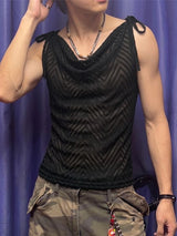 Men's Genderless Y2K Chevron Sheer Tie Strap Cowl Neck Slim Fit Tank SKUL72486