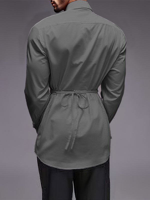 Men's Solid Waist Tie Long Sleeve Shirt SKUL31936