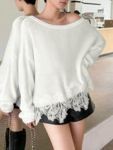 Men's Sheer Lace Patchwork Off Shoulder Long Sleeve T-shirt SKUL43611