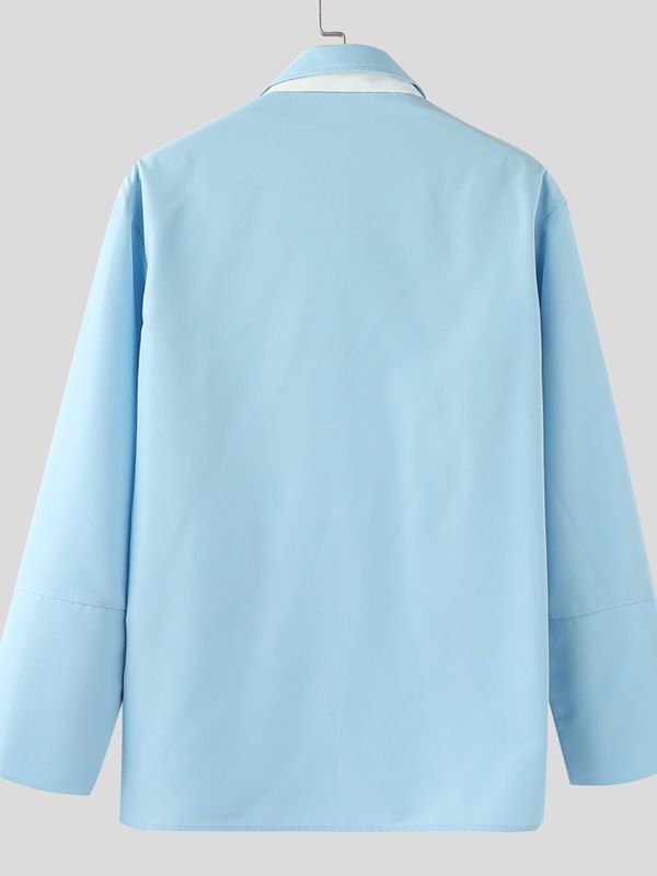 Men's Color Block Hollow Tie Long Sleeve Shirt SKUL36311