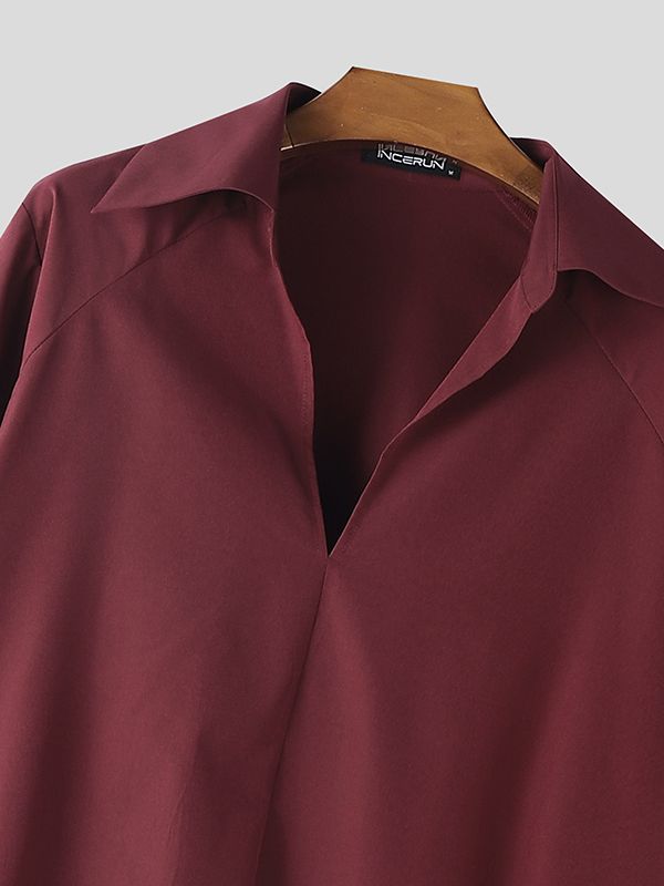 Men's Solid Color Long Hem Deep V Neck Long Sleeve Shirt SKUL50053