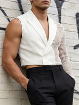Men's Sheer Mesh Patchwork Asymmetric Sleeve Cropped Blazer SKUL56117