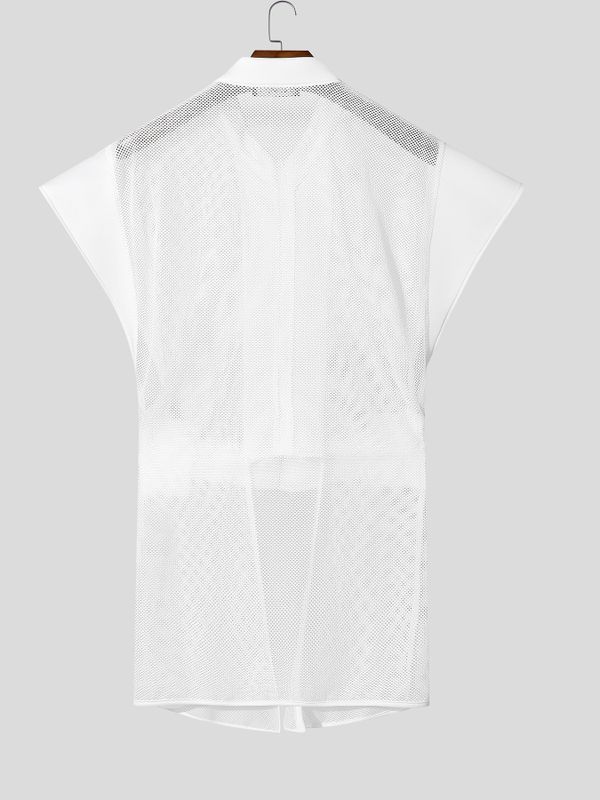 Men's Avant-Garde Strong-Shoulder Mesh-Panel Tactical Belted Techwear Waistcoat SKUL54772
