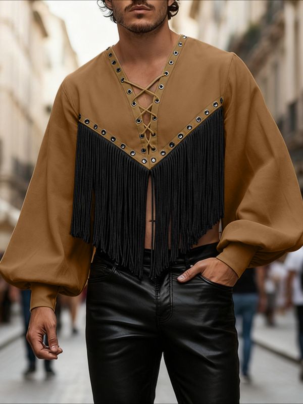 Men's Tassel Patchwork Cropped Long Sleeve T-shirt SKUL47932