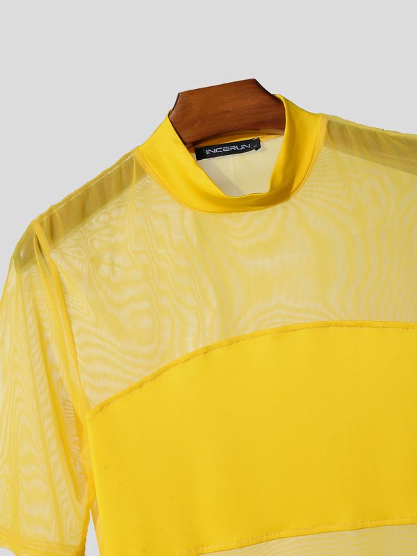 Men's Avant-Garde Sheer Mesh Paneled Mock Neck T-shirt SKUL63115