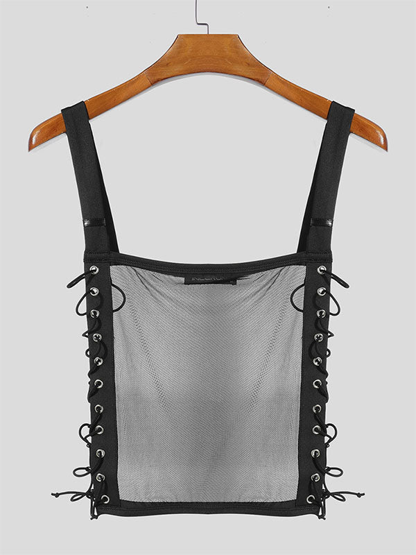 Men's Sheer Mesh Drawstring Cropped Tank SKUL12253