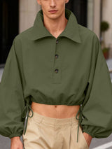 Men's Solid Color Loose Lapel Cropped Long Sleeve Shirt SKUL45225