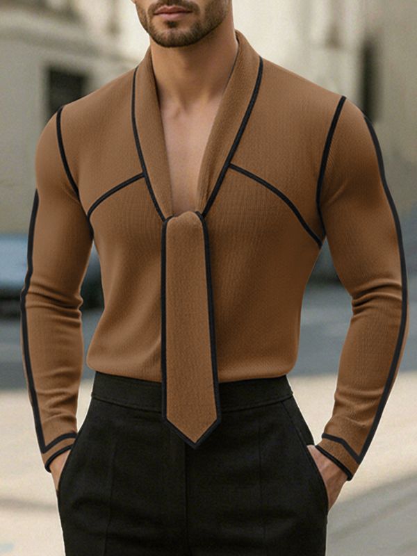 Men's Knit Contrast Color Tie Long Sleeve T-shirt SKUL43758