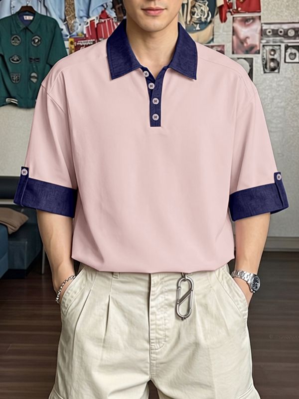 Men's Vintage Cityboy Aesthetic Contrast Cuffed Sleeve Shirt SKUL62092