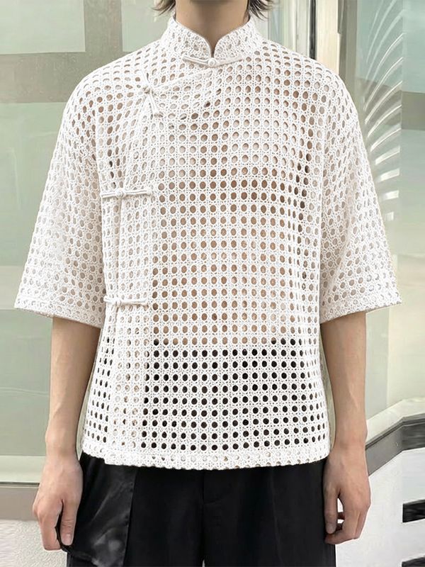 Men's Hollow Out Mesh Frog Button Half Sleeve Shirt SKUL55348