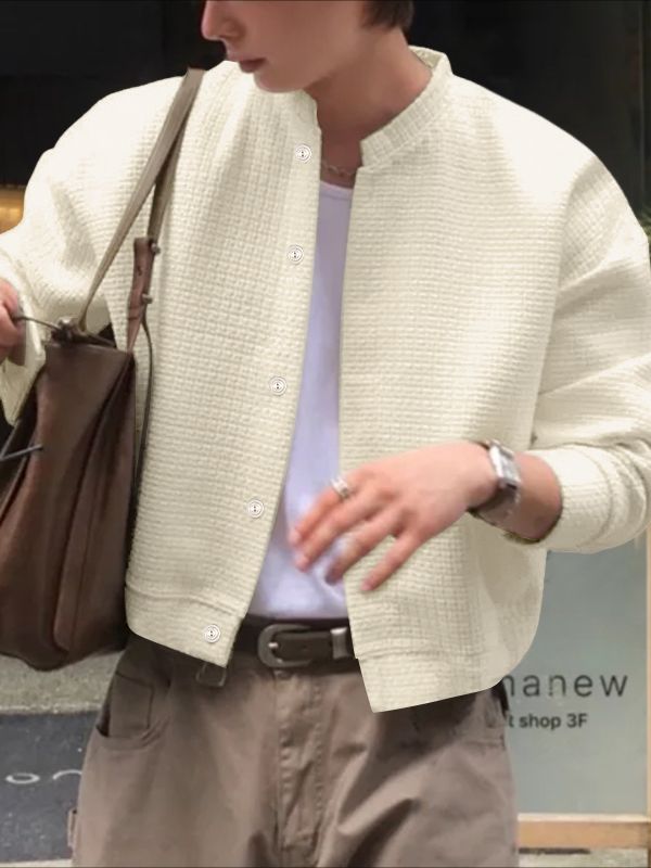 Men's Solid Color Textured Plaid Long Sleeve Jacket SKUL43874