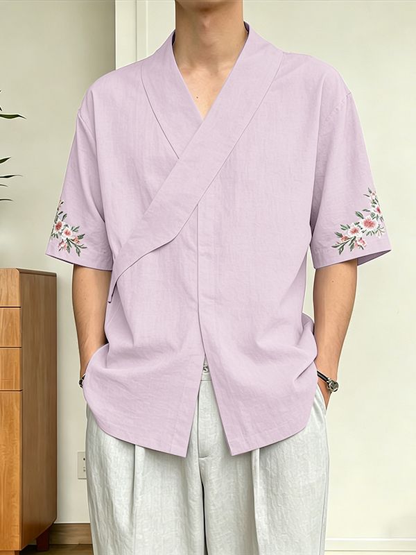 Men's Vintage Casual Floral PrintV Neck Short Sleeve Shirt SKUL61923