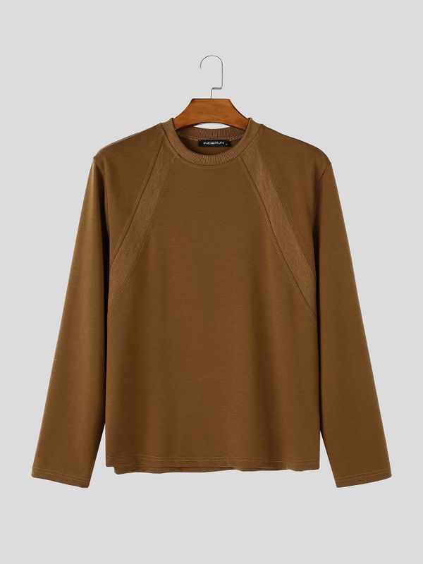 Men's Minimalist Clean-Fit Daily Casual Curved Raglan Seam Ribbed Crewneck T-shirt SKUL84074