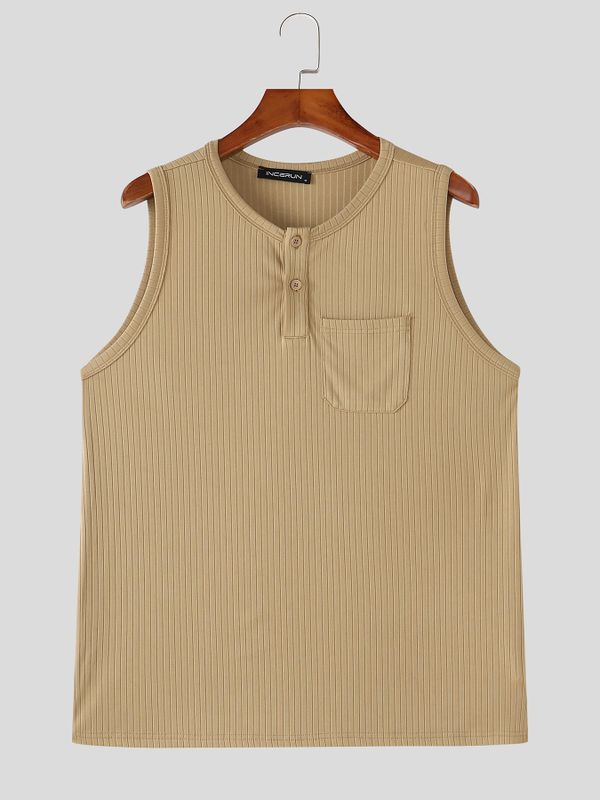 Men's Daily Wear Ribbed Henley Neck Pocket Tank SKUL74762