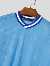 Men's Retro Athletic Mesh Breathable Contrast Striped Trim V-Neck T-shirt SKUL73695
