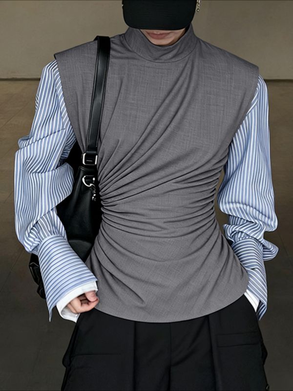 Men's Back Tie Ruched Half High Neck Tank SKUL48642