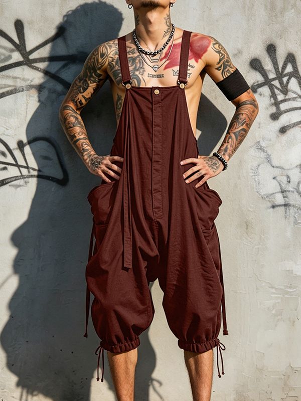 Men's Harajuku Streetwear Baggy Dropped Crotch Harem Fit Cropped Bib Overall SKUL63151
