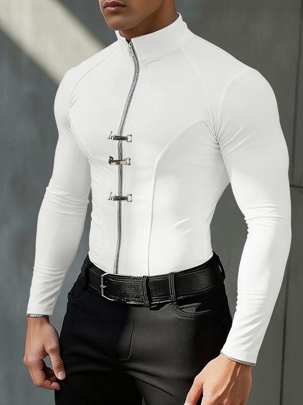 Men's Solid Color Knit Zip Long Sleeve T-shirt SKUL42806