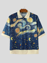 Mens Starry Oil Painting Print Short Sleeve Shirt SKUL16597