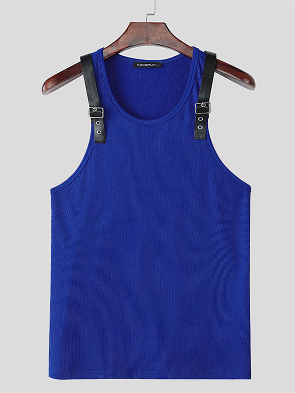 Mens Leather Strap Patchwork Knit Tank SKUL07639