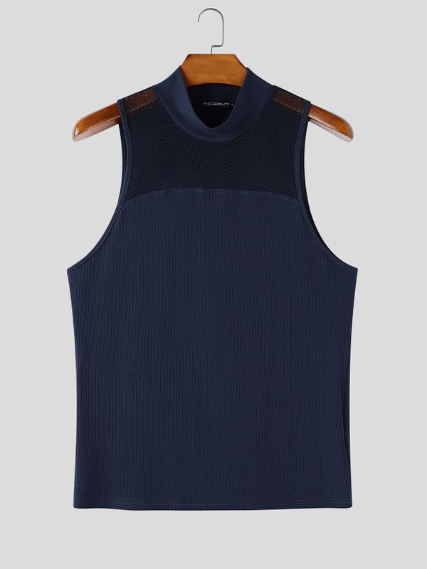 Men's Avant-Garde Mock Neck Mesh Patchwork Deconstructed Fitted Tank SKUL73728