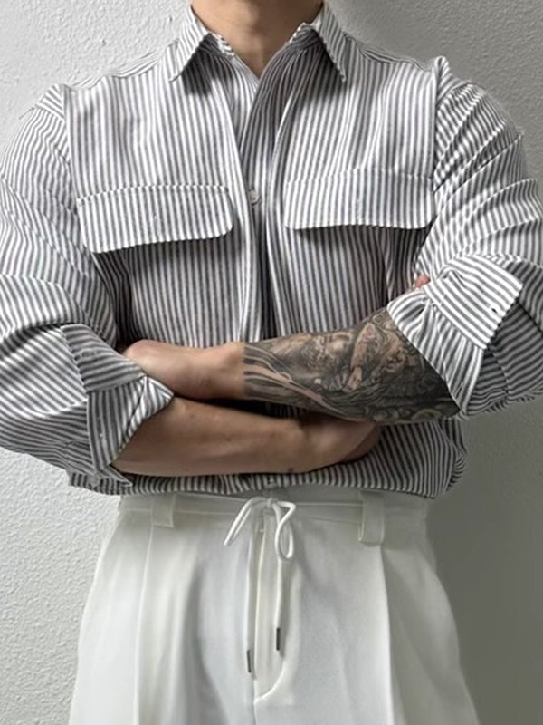Mens Striped Double Pockets Long Sleeve Shirt SKUK53614
