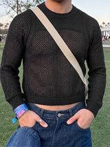 Men's Y2K High-Street Sheer Mesh Cropped Pointelle Knit T-shirt SKUL79540