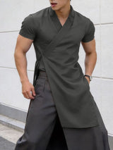Men's Solid Color Tie Short Sleeve Cardigan SKUL60272