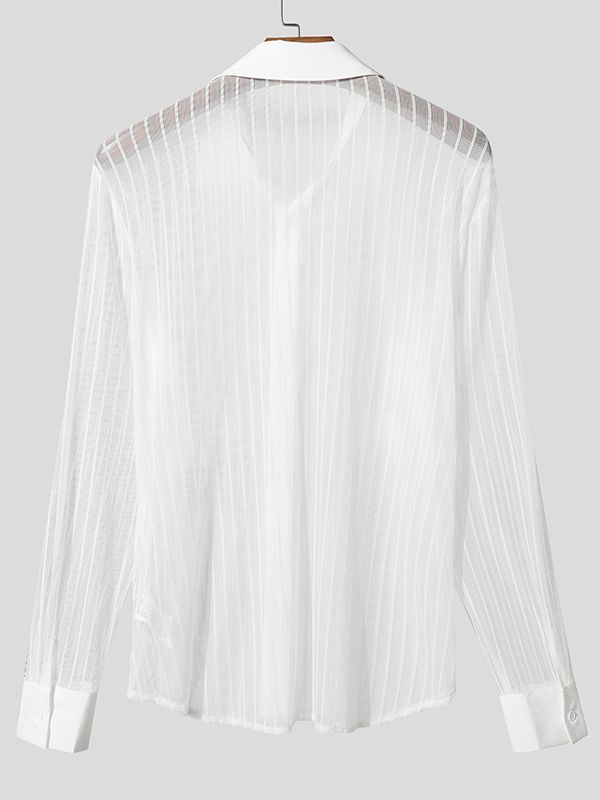Men's Sheer Mesh Striped Long Sleeve Shirt SKUL48637